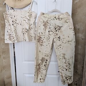 Barrel Denim Pants lace details Spotted Brown over Cream Size L New